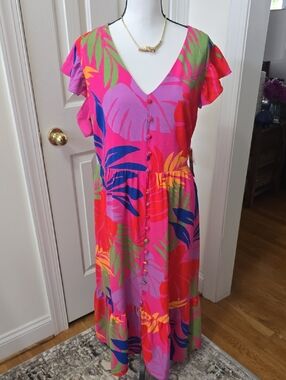 Vibrant Pink Tropical Button-Front Midi Dress